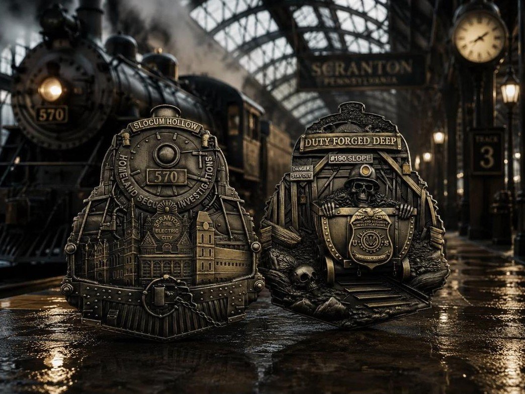 Two ornate bronze badges featuring detailed locomotive and train designs with Slocum Hollow and Duty Forged Deep text, displayed on vintage train station platform background